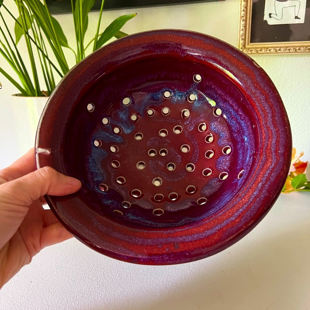 Handmade berry dish in deep red and blue glaze, artist signed